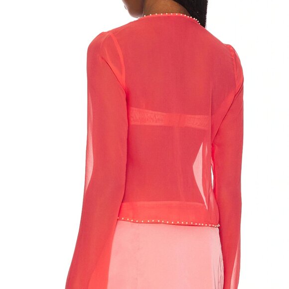 Danielle Guizio Long Sleeve Pearl Trim Top In Punch Silk Size XS - Picture 3 of 14